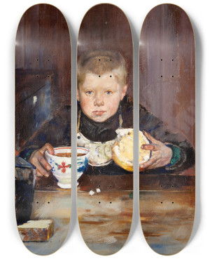 Triptych art skateboard deck of Christian Krohg Errandboy Drinking Coffee by Christian Krohg (1852-1925)