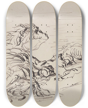 Triptych art skateboard deck of James Ensor Fallen Arab Horseman With Cavorting Horse by James Ensor (1860-1949)