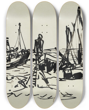 Triptych art skateboard deck of Ernst Ludwig Kirchner Kstendampfer Und Ankernde Boote Fehmarn by Ernst Ludwig Kirchner (1880-1938)
