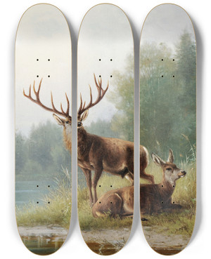Triptych art skateboard deck of Moritz Mller Stag At A Lake by Moritz Melzer (1841-1899)