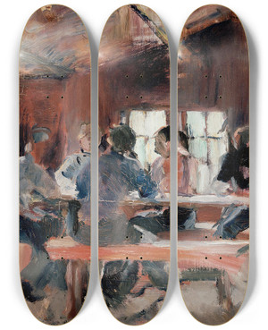 Triptych art skateboard deck of Harriet Backer Study For Card Players by Harriet Backer (1845-1932)