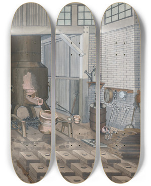 Triptych art skateboard deck of Perkins Harnly Iron Foundry 1910 by Perkins Harnly (1901-1986)