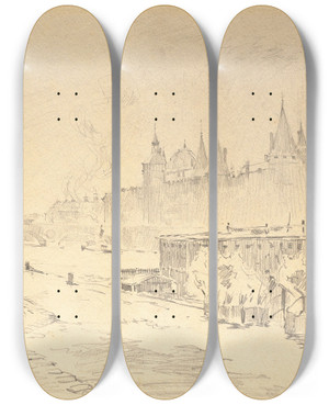 Triptych art skateboard deck of Rn Leverd Le Palais De Justice De Paris by Rene Leverd
