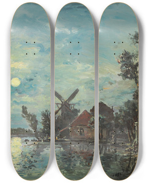 Triptych art skateboard deck of Johan Barthold Jongkind Effet De Lune Sur Lestuaire Hollande_2 by Johan Barthold Jongkind (1819-1891)