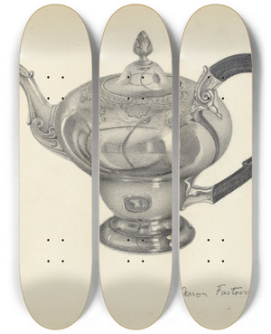 Triptych art skateboard deck of Aaron Fastovsky Silver Teapot_1 by Aaron Fastovsky