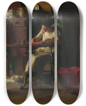 Triptych art skateboard deck of Thomas Pollock Anshutz Woman Writting On A Table by Thomas Pollock Anshutz (1851-1912)