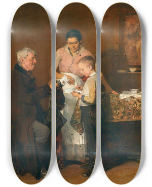 Triptych art skateboard deck of Franz Rumpler Der Brief by Franz Rumpler (1848-1922)
