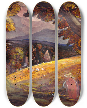 Triptych art skateboard deck of Samuel Palmer Harvesters By Firelight by Samuel Palmer (1805-1881)