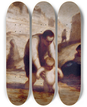 Triptych art skateboard deck of Honor Daumier The First Bath by Honore Daumier (1808-1879)
