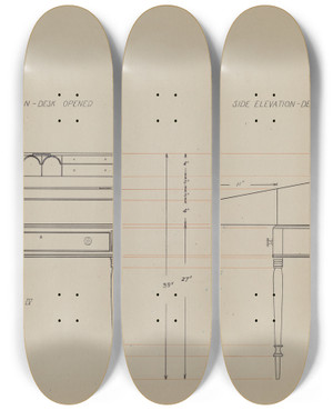 Triptych art skateboard deck of American 20Th Century Desk by American 20Th Century