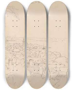 Triptych art skateboard deck of Hans Gude Utsikt Over Larvik_1 by Hans Gude (1825-1903)