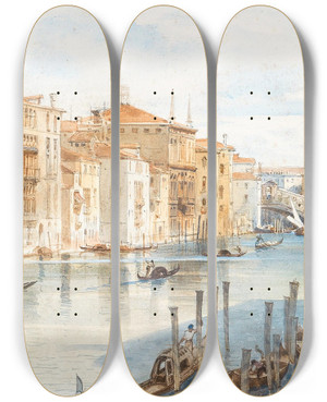 Triptych art skateboard deck of Carl Friedrich Heinrich Werner Canal Grande And Rialto Bridge by Carl Friedrich Heinrich Werner (1808-1894)