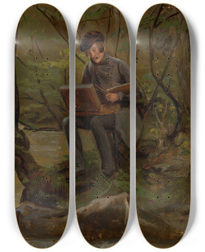 Triptych art skateboard deck of Adolph Tidemand A Painter At His Paint Box by Adolph Tidemand (1814-1876)