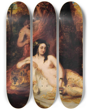 Triptych art skateboard deck of William Etty Satyr Spying On A Reclining Nymph by William Etty (1787-1849)