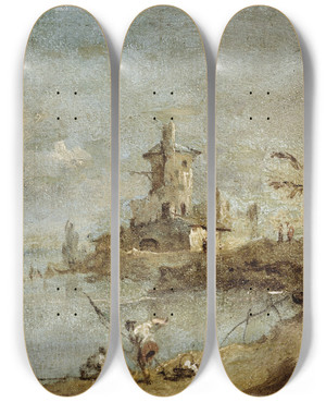Triptych art skateboard deck of Francesco Guardi Caprice Rustique Avec Tour Au Bord De Leau by Francesco Guardi (1712-1793)