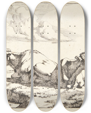 Triptych art skateboard deck of Marcus De Bye To Liggende Ker by Marcus de Bye (1638-1688)