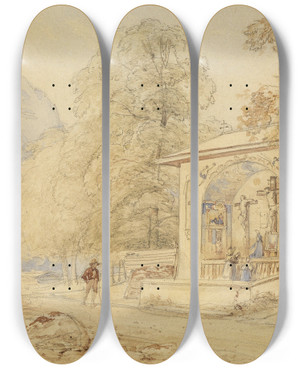 Triptych art skateboard deck of Josef Hger Wanderer Und Golgothakapelle by Josef Hoger (1801-1877)