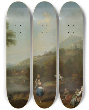 Triptych art skateboard deck of Francesco Zuccarelli Idyllic River Landscape With Figures by Francesco Zuccarelli (1702-1788)