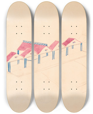 Triptych art skateboard deck of Winold Reiss Designs For Roadhouse Or Terrace Restaurant Perspective Elevation Showing Terrace by Winold Reiss (1886-1953)