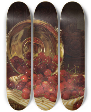 Triptych art skateboard deck of Robert Spear Dunning Cherries by Robert Spear Dunning (1829-1905)
