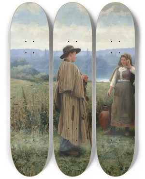 Triptych art skateboard deck of Daniel Ridgway Knight An Idle Moment by Daniel Ridgway Knight (1839-1924)