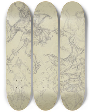 Triptych art skateboard deck of Ferdinand Fellner Dancing Harlequin by Ferdinand Fellner (1799-1859)