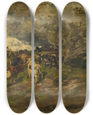 Triptych art skateboard deck of Hermann Baisch Ausziehende Herde by Hermann Baisch (1846-1894)
