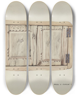 Triptych art skateboard deck of Majel G Claflin Two Wall Doors by Majel G Claflin (1893-1941)