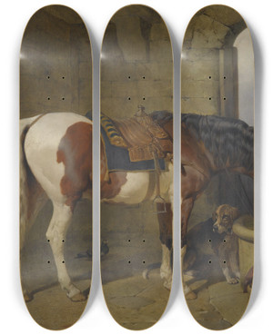 Triptych art skateboard deck of John Frederick Herring Snr The Watering Place by John Frederick Herring Snr (1795-1865)