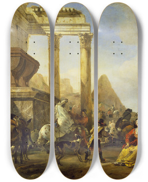 Triptych art skateboard deck of Jan Baptist Weenix A Coast Scene With Classical Ruins by Jan Baptist Weenix (1621-1660)