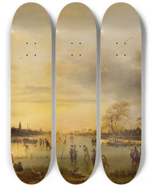 Triptych art skateboard deck of Aert Van Der Neer A Skating Scene by Aert van der Neer (1603-1677)