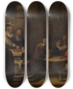 Triptych art skateboard deck of Joos Van Craesbeeck Five Senses by Joos Van Craesbeeck (1605-1660)