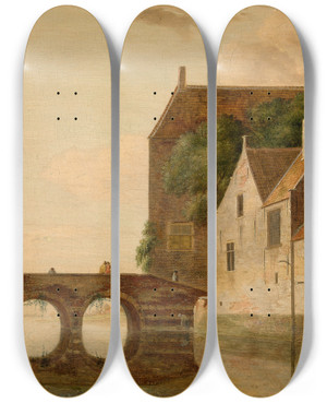 Triptych art skateboard deck of Jan Van Der Heyden Bridge Over A River by Jan van der Heyden (1637-1712)