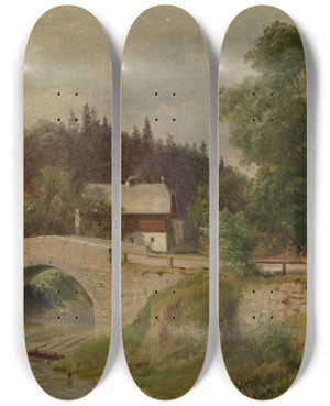Triptych art skateboard deck of Ludwig Halauska Bauernhaus An Der Steinbrck by Ludwig Halauska (1827-1882)
