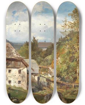 Triptych art skateboard deck of Emil Jakob Schindler Die Mhle Im Wald by Emil Jakob Schindler (1842-1892)