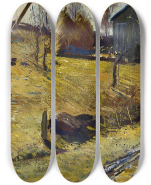 Triptych art skateboard deck of George Wesley Bellows Haystacks And Barn by George Wesley Bellows (1882-1925)