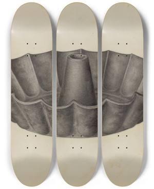 Triptych art skateboard deck of Charles Charon Cake Mold by Charles Charon