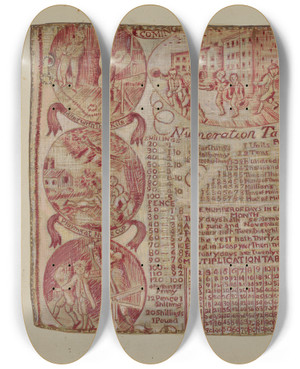 Triptych art skateboard deck of Marie Lutrell Cloth With Numeration Table by Marie Lutrell
