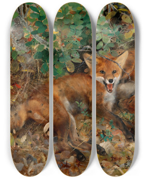 Triptych art skateboard deck of Bruno Liljefors Foxes by Bruno Liljefors (1860-1939)