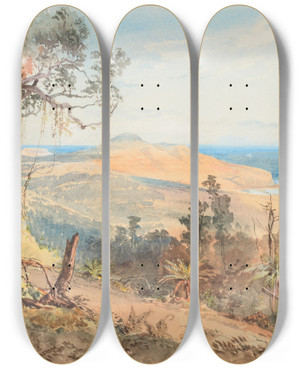 Triptych art skateboard deck of Nicholas Chevalier Sandfly Bay And Gull Rock Near Dunedin by Nicholas Chevalier (1828-1902)