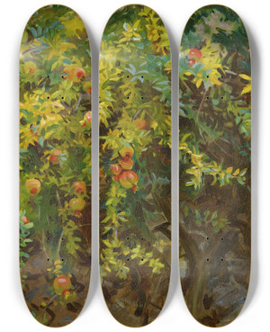 Triptych art skateboard deck of John Singer Sargent Pomegranates Majorca by John Singer Sargent (1856-1925)