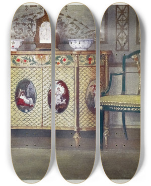 Triptych art skateboard deck of Edwin Foley Painted Commode And Chairs by Edwin Foley (1859-1912)
