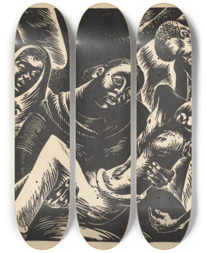 Triptych art skateboard deck of Marion Kronfeld Pieta by Marion Kronfeld (1912-2004)
