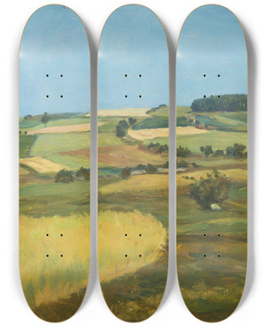 Triptych art skateboard deck of Frantiek Kavn Mountain Fields by Frantisek Kavan (1866-1841)