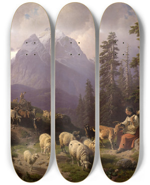 Triptych art skateboard deck of Robert Eberle Heimkehr Von Der Alm by Robert Eberle (1815-1860)