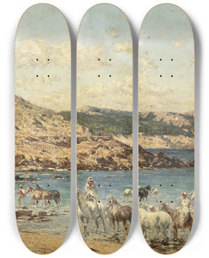 Triptych art skateboard deck of Victor Huguet Horses Drinking by Victor Huguet (1835-1902)