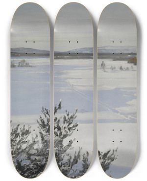 Triptych art skateboard deck of August Hagborg Snowy Landscape by August Hagborg (1852-1921)