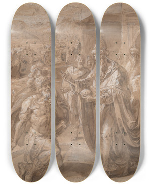 Triptych art skateboard deck of Crispijn Van Den Broeck Abraham Andmelchizedek by Crispijn Van Den Broeck (1523-1591)