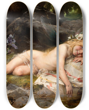 Triptych art skateboard deck of Paul Hermann Wagner Forest Nymph by Paul Hermann Wagner (1852-1937)
