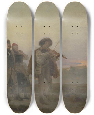 Triptych art skateboard deck of Jakob Becker Abendlicher Spaziergang Geiger Und Bauernpaar Auf Den Feldern_2 by Jakob Becker (1810-1872)